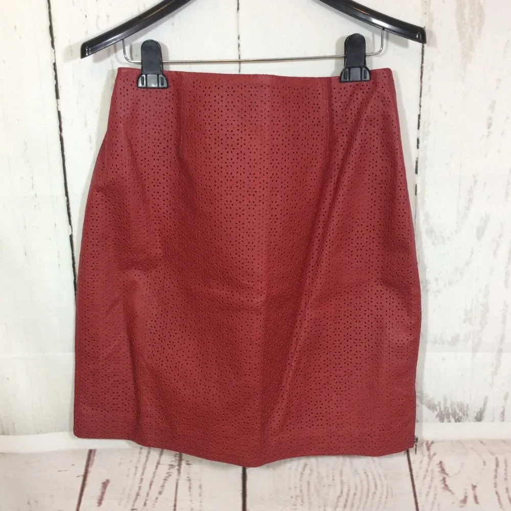 Vintage Bagatelle Red Leather Eyelet Pencil Skirt Side Zip‎ Lined Size 10